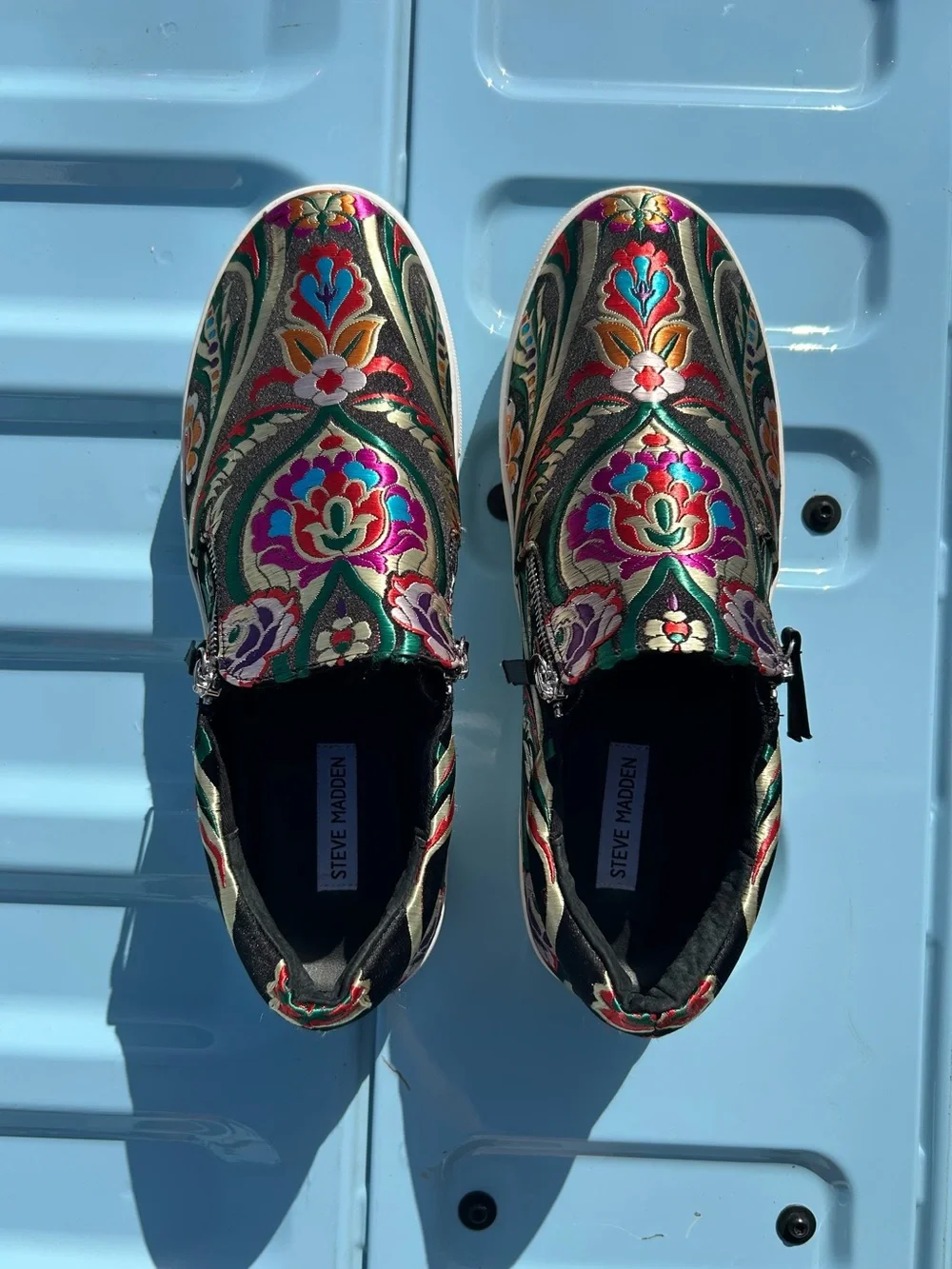 Steve Madden Black Slip-On Sneakers with Multicolor Floral Embroidery